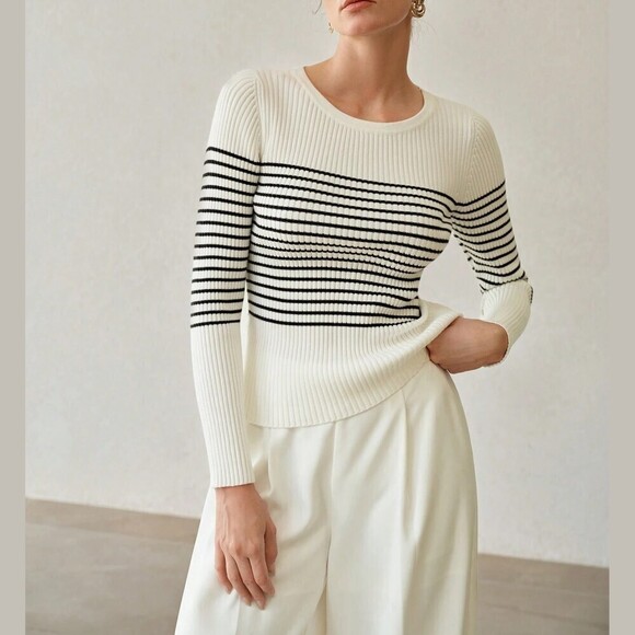 Sweaters - Cream Ribbed Knit Black Striped Crew Neck Sweater